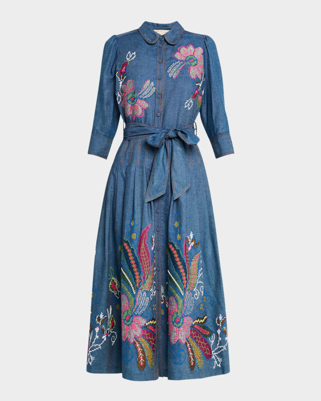 Floral Embroidered Belted Chambray Midi Shirtdress